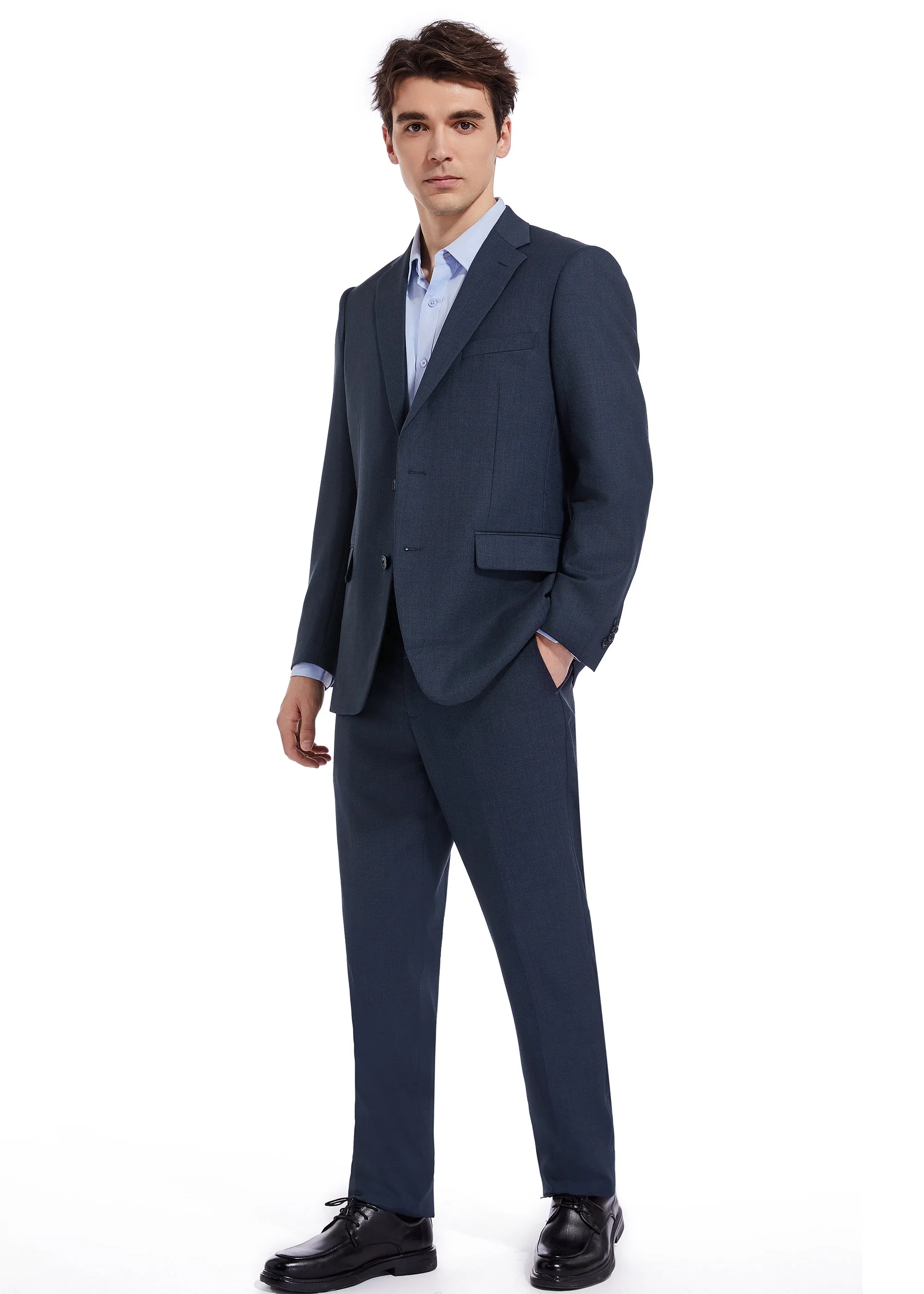 Hechter Paris Solid Blue Textured Modern Fit Wool Suit