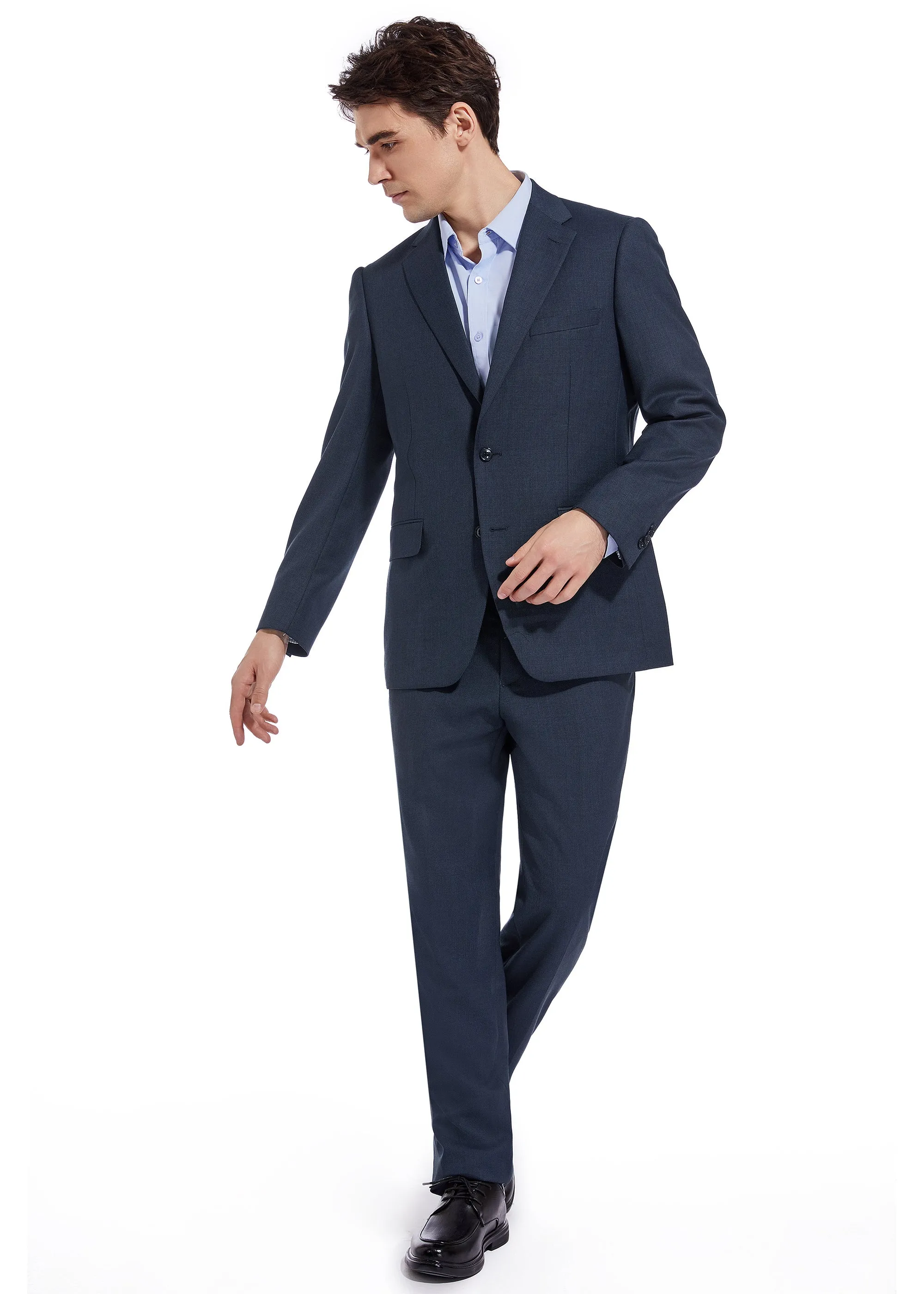 Hechter Paris Solid Blue Textured Modern Fit Wool Suit