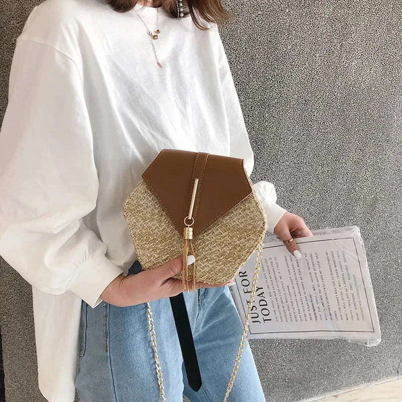 Hexagon Mulit Style Straw leather Handbag Women Summer Rattan Bag Handmade Woven Beach Circle Bohemia Shoulder Bag