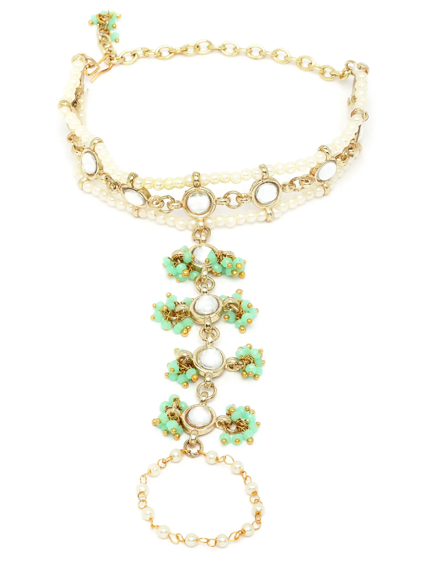 Karatcart Gold Plated Light Green Pearl Beaded Kundan Hathphool