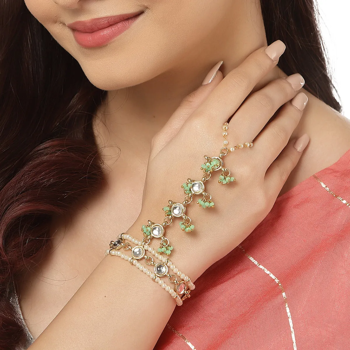 Karatcart Gold Plated Light Green Pearl Beaded Kundan Hathphool