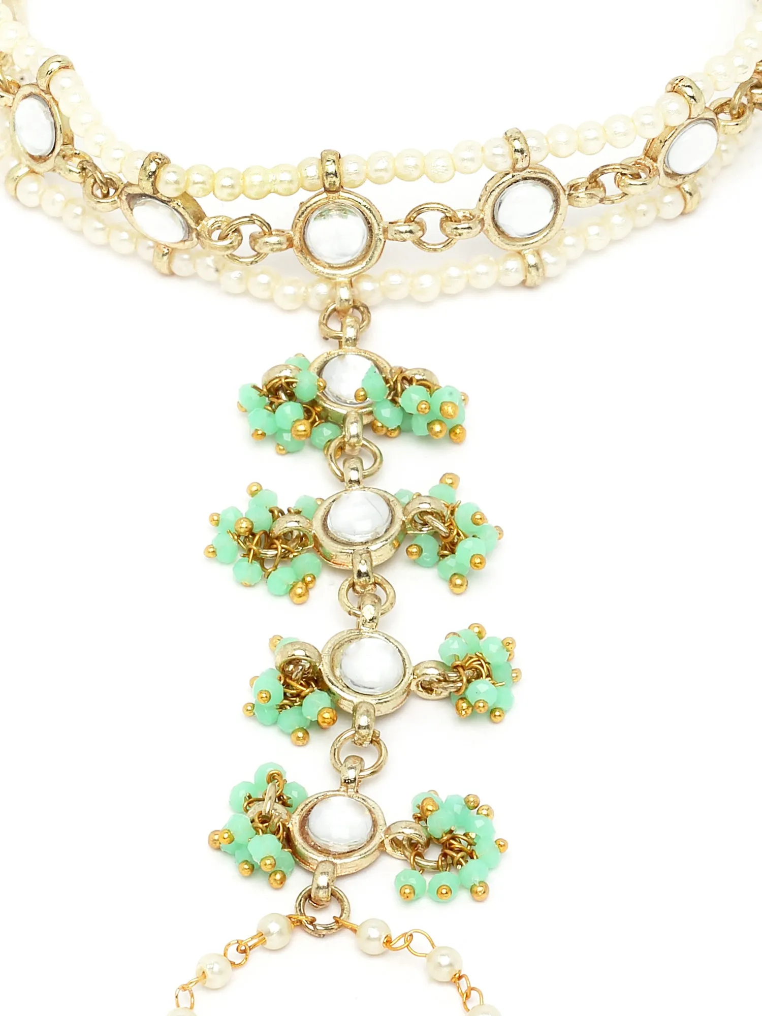 Karatcart Gold Plated Light Green Pearl Beaded Kundan Hathphool