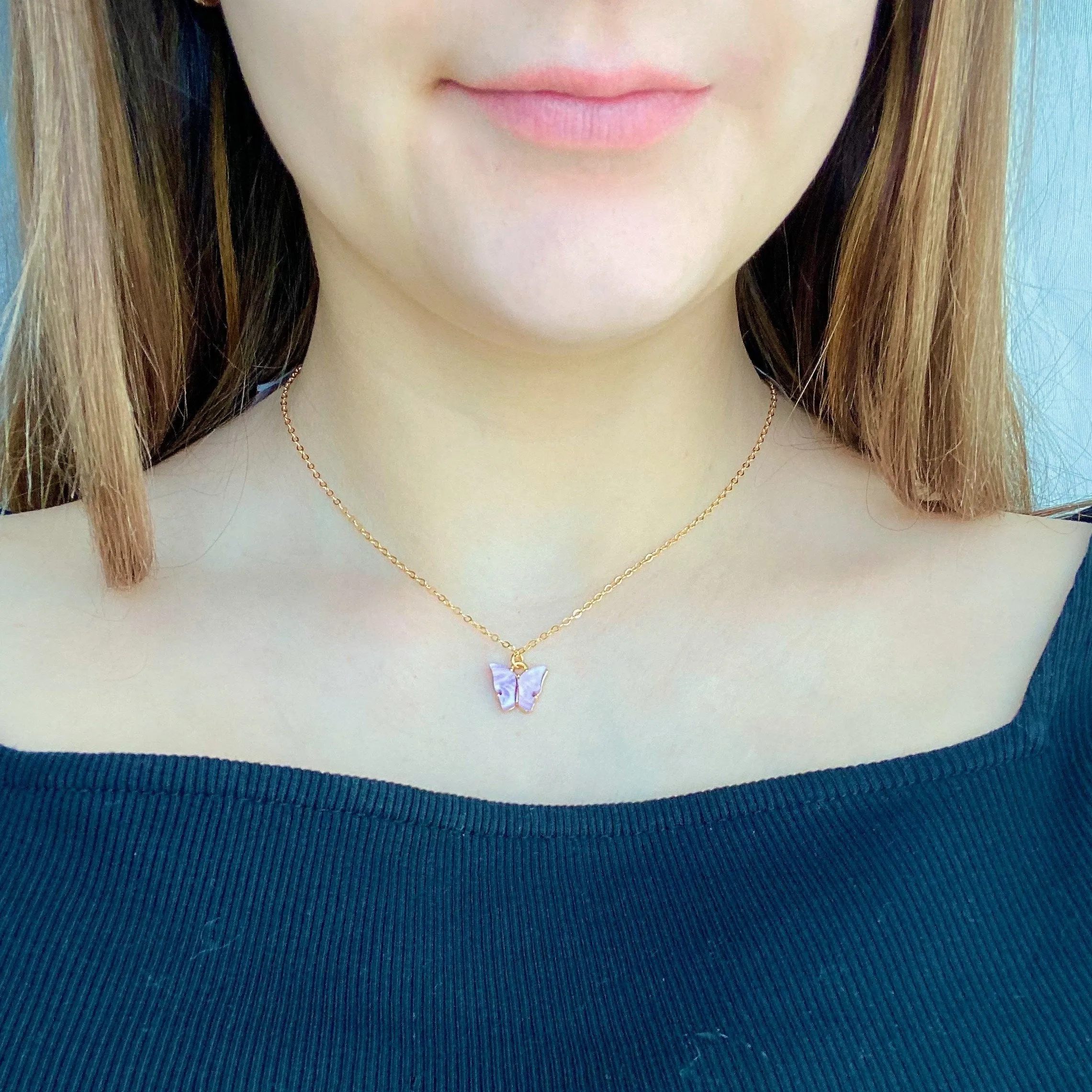 Lavender Pearl Butterfly 14K Gold Necklace