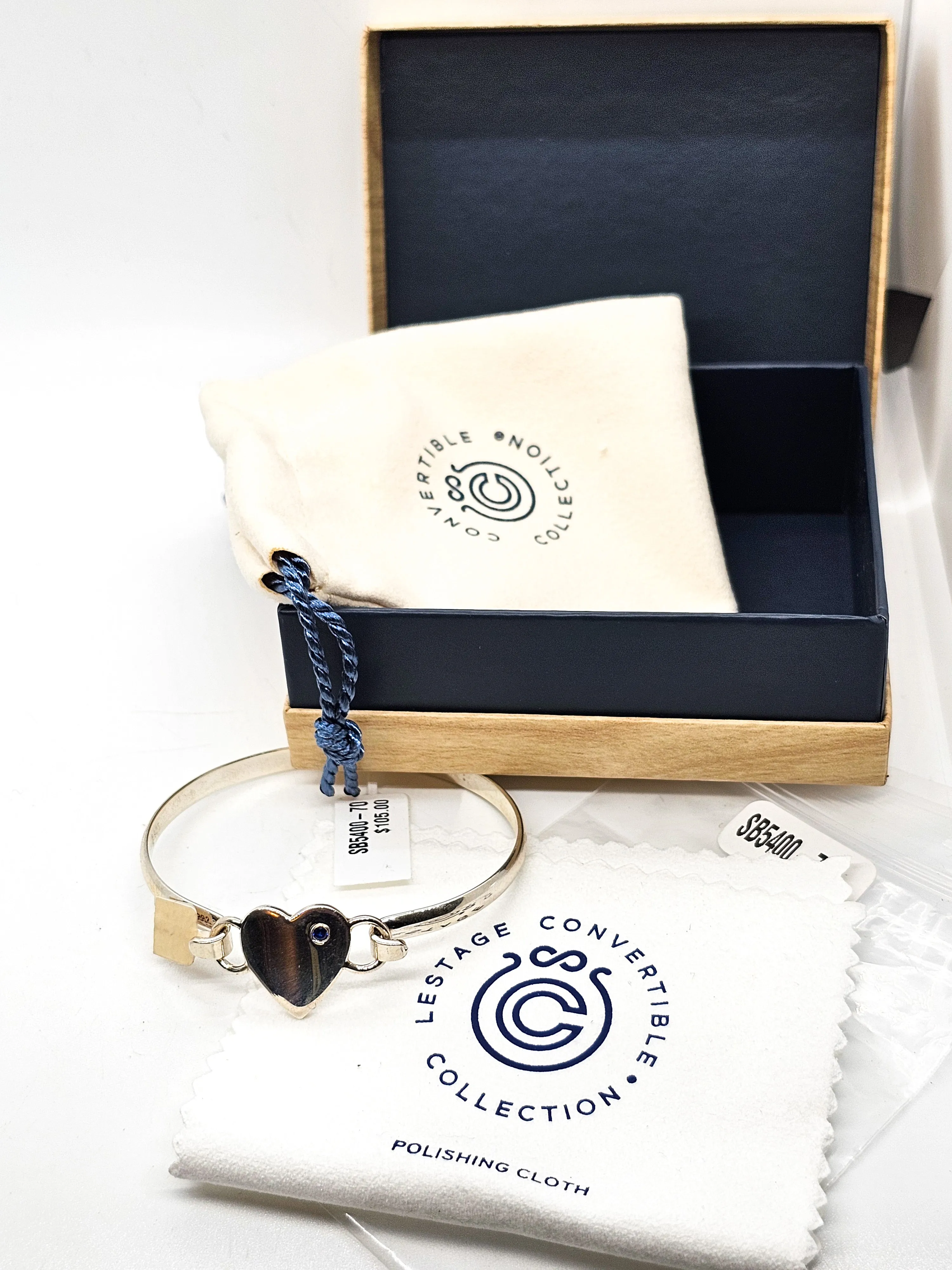 LeStage Narrow 7.0 Convertible sterling silver bracelet sapphire heart clasp NIB