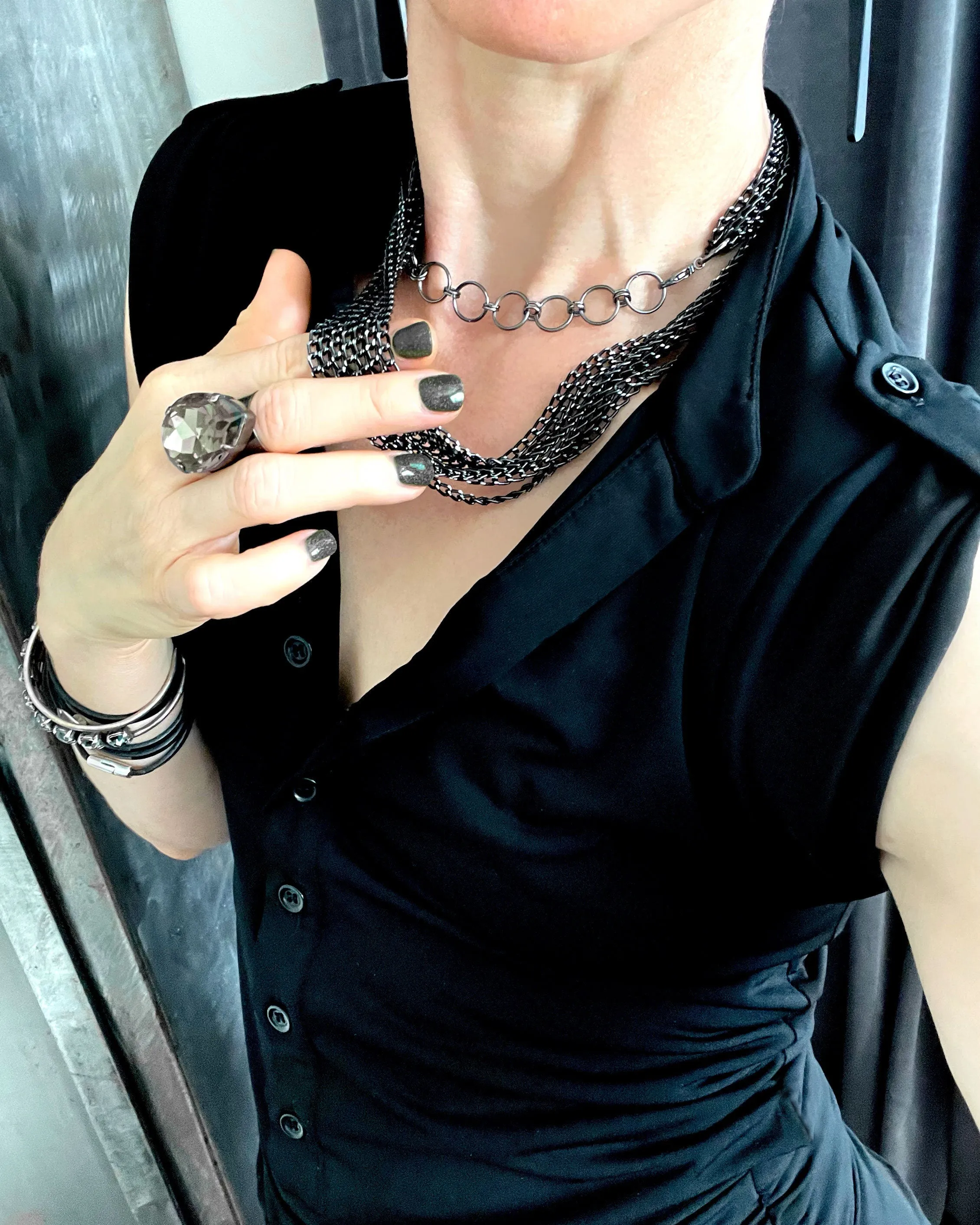 Long 7-Strand Black and Silver Chain Necklace