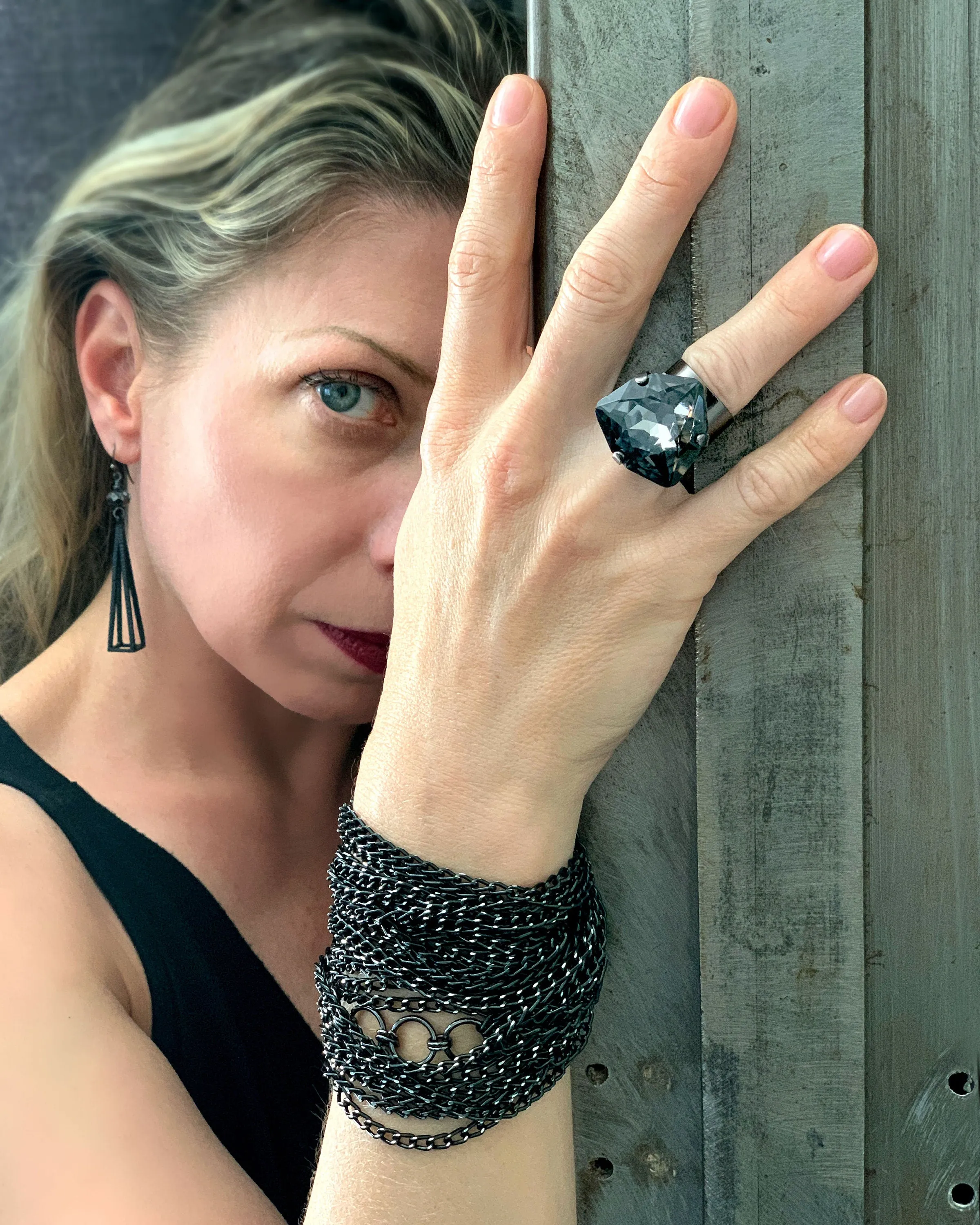 Long 7-Strand Black and Silver Chain Necklace