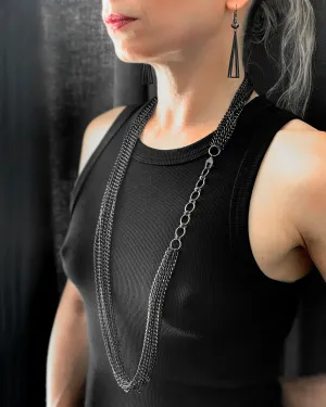 Long 7-Strand Black and Silver Chain Necklace