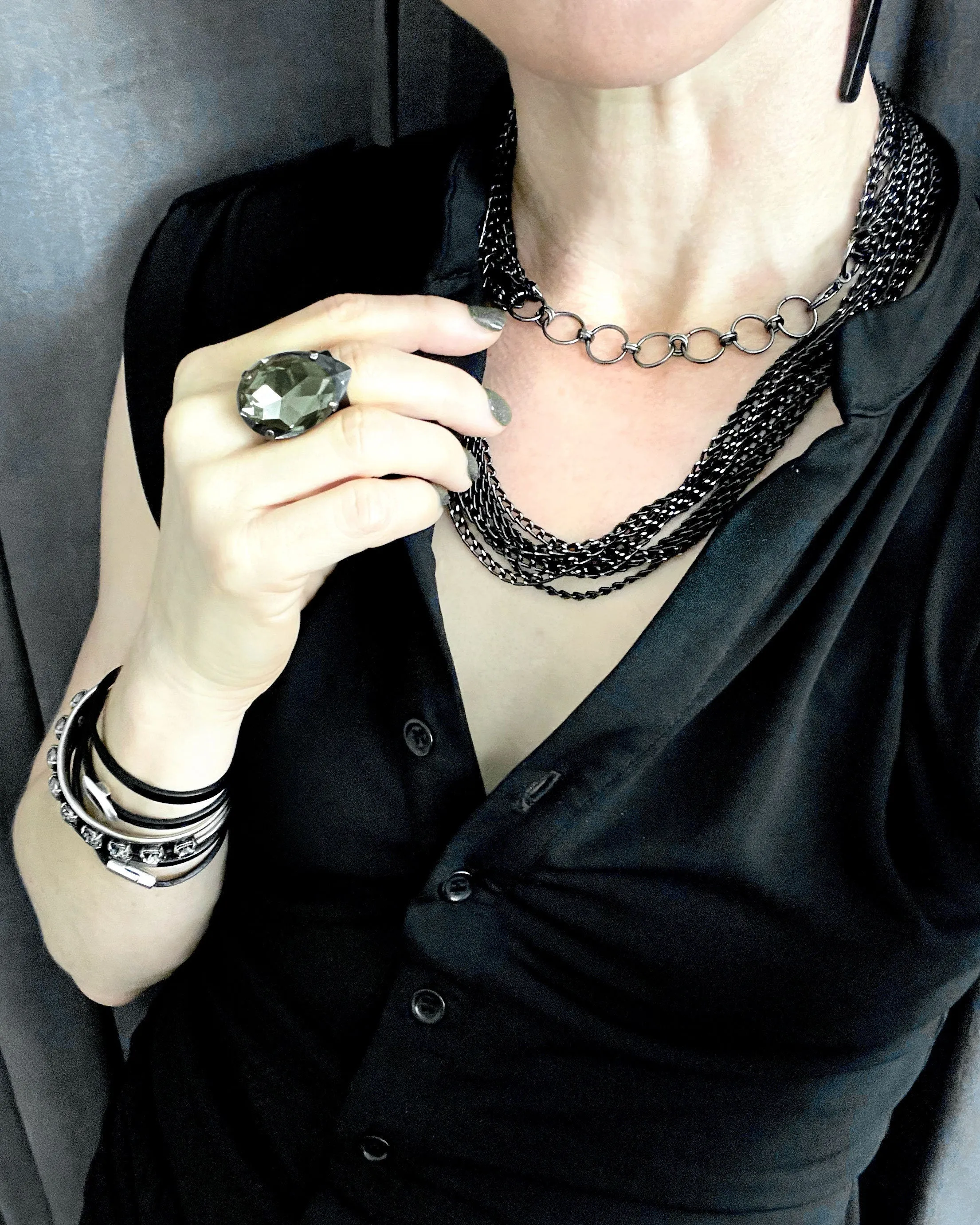 Long 7-Strand Black and Silver Chain Necklace