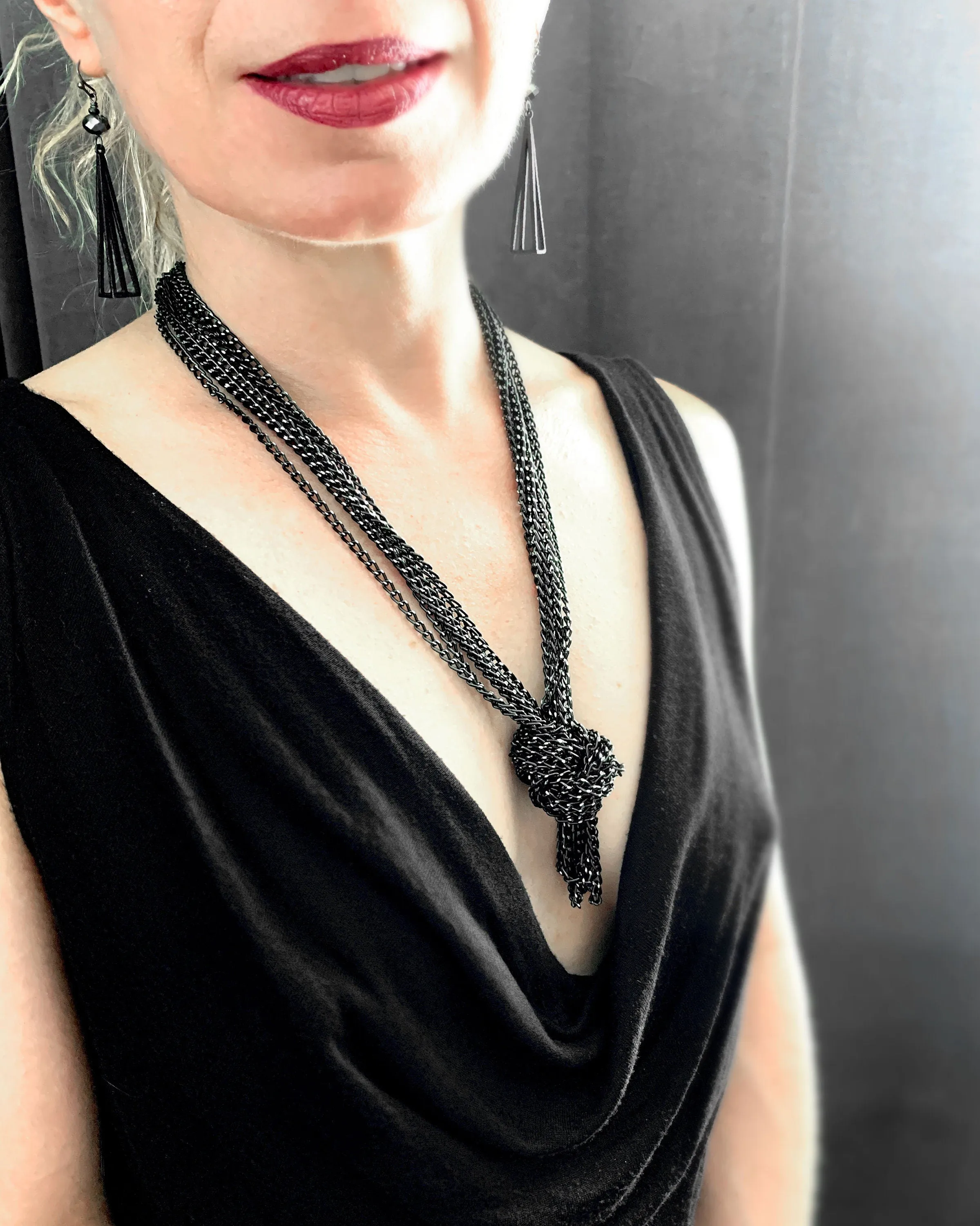 Long 7-Strand Black and Silver Chain Necklace