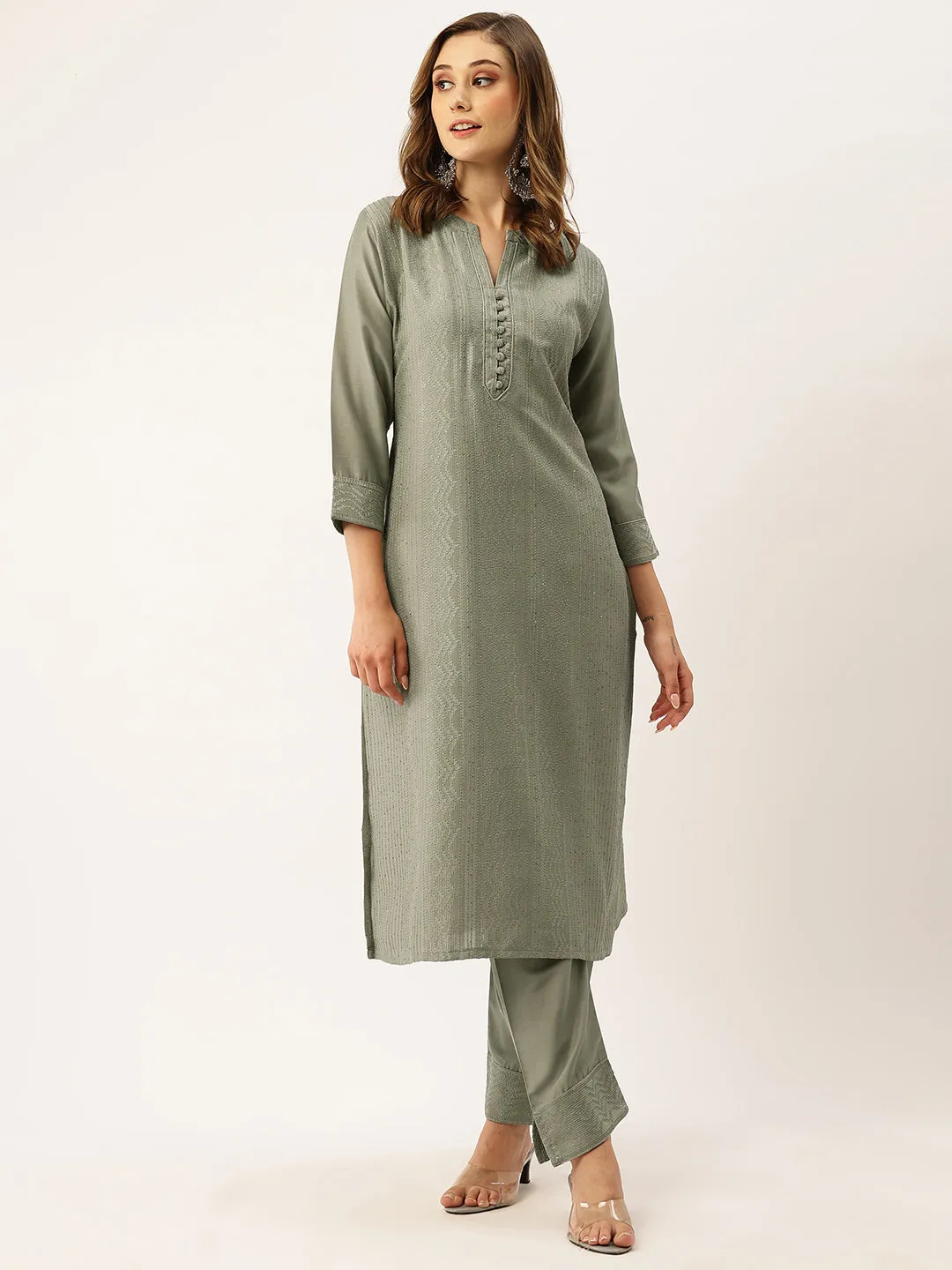 Mandarin Collar Chanderi Silk Fabric All Over Chikankari Embroidery With Sequin Work Grey Kurta Set For Women - ZOLA