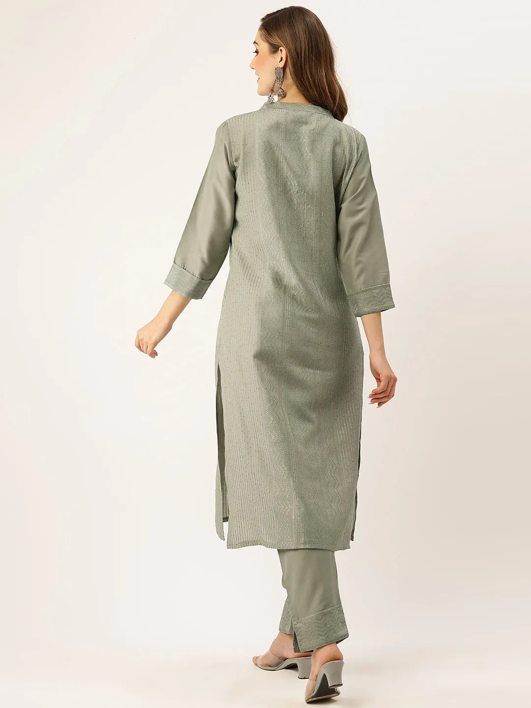 Mandarin Collar Chanderi Silk Fabric All Over Chikankari Embroidery With Sequin Work Grey Kurta Set For Women - ZOLA