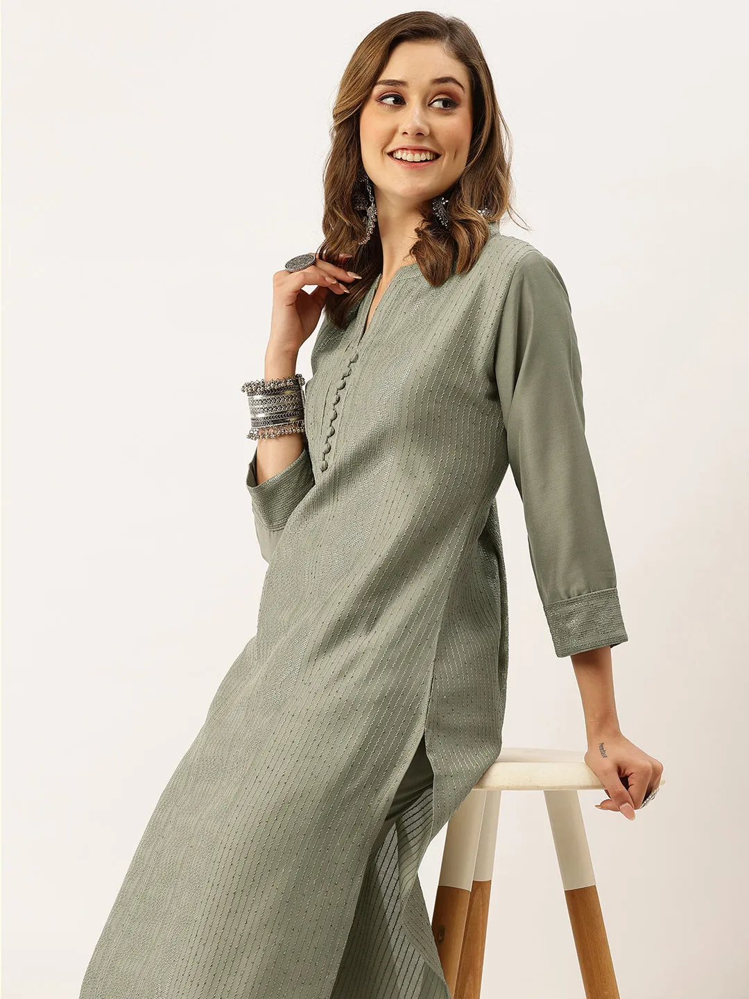 Mandarin Collar Chanderi Silk Fabric All Over Chikankari Embroidery With Sequin Work Grey Kurta Set For Women - ZOLA