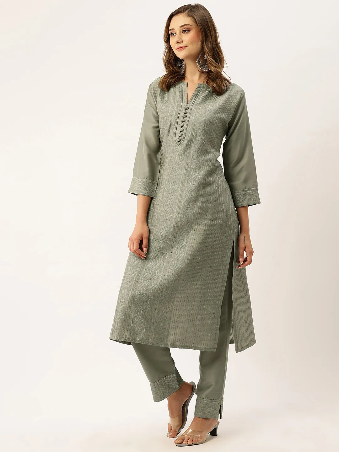 Mandarin Collar Chanderi Silk Fabric All Over Chikankari Embroidery With Sequin Work Grey Kurta Set For Women - ZOLA