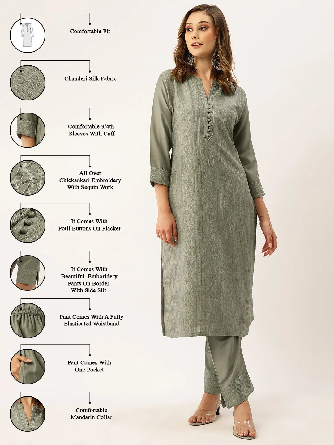 Mandarin Collar Chanderi Silk Fabric All Over Chikankari Embroidery With Sequin Work Grey Kurta Set For Women - ZOLA