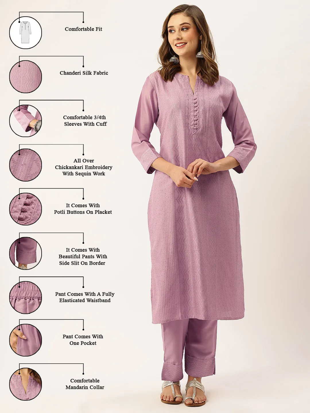 Mandarin Collar Chanderi Silk Fabric All Over Chikankari Embroidery With Sequin Work Mauve Kurta Set For Women - ZOLA