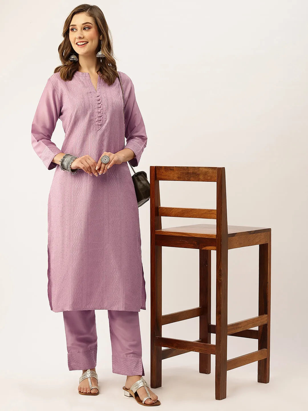 Mandarin Collar Chanderi Silk Fabric All Over Chikankari Embroidery With Sequin Work Mauve Kurta Set For Women - ZOLA