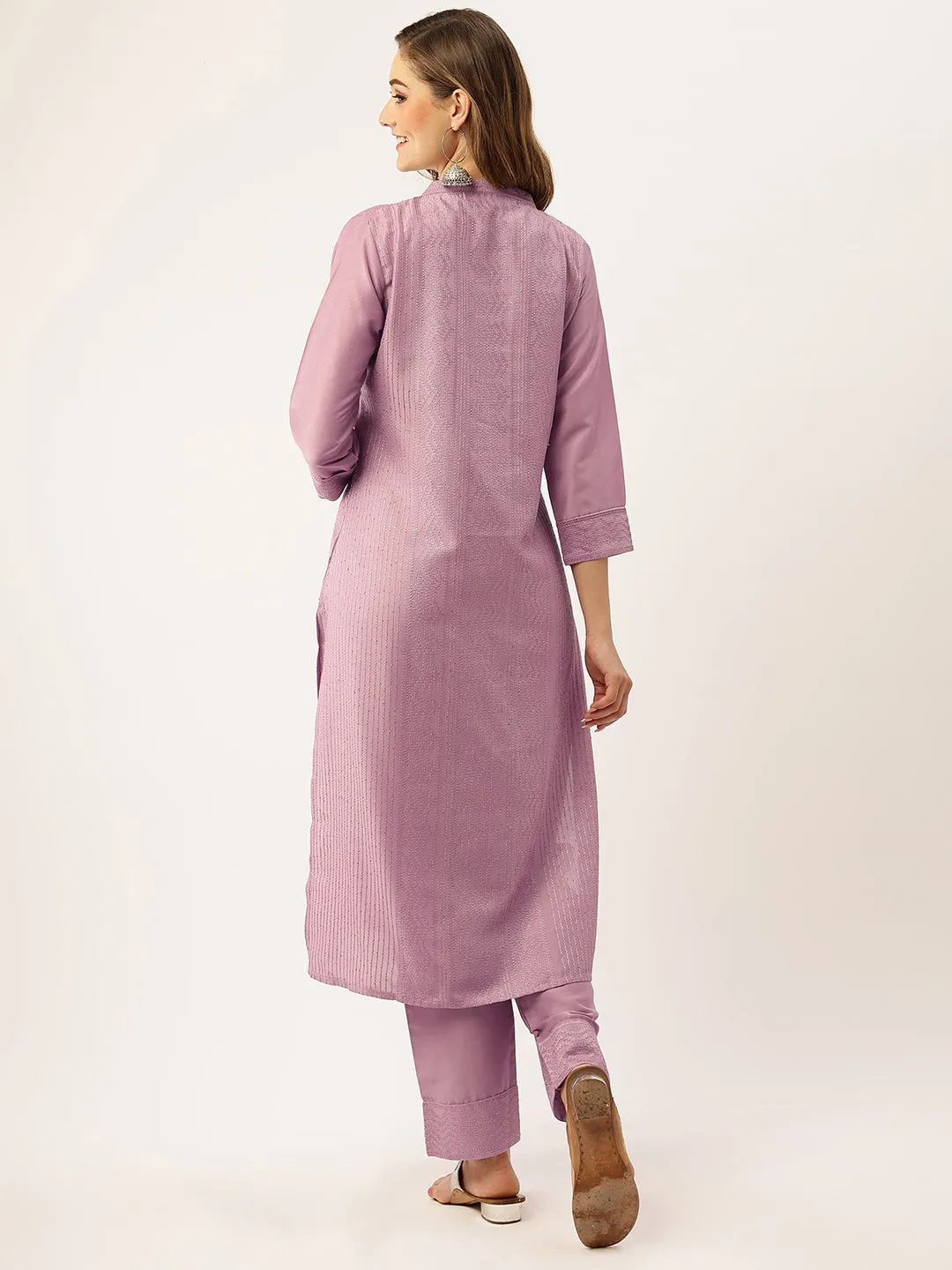 Mandarin Collar Chanderi Silk Fabric All Over Chikankari Embroidery With Sequin Work Mauve Kurta Set For Women - ZOLA