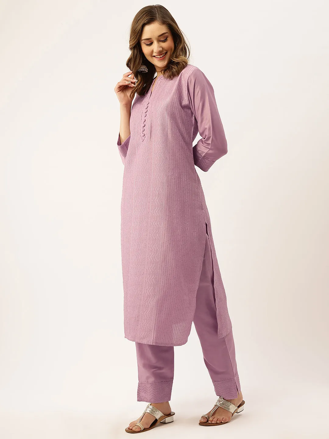 Mandarin Collar Chanderi Silk Fabric All Over Chikankari Embroidery With Sequin Work Mauve Kurta Set For Women - ZOLA