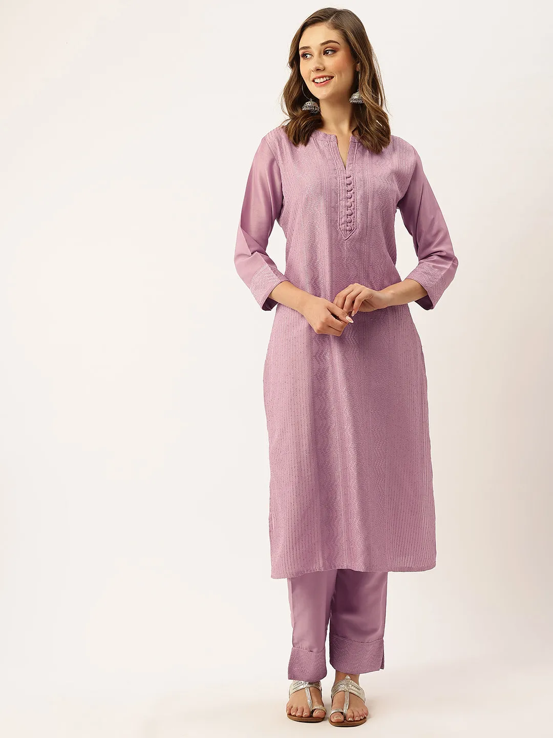 Mandarin Collar Chanderi Silk Fabric All Over Chikankari Embroidery With Sequin Work Mauve Kurta Set For Women - ZOLA