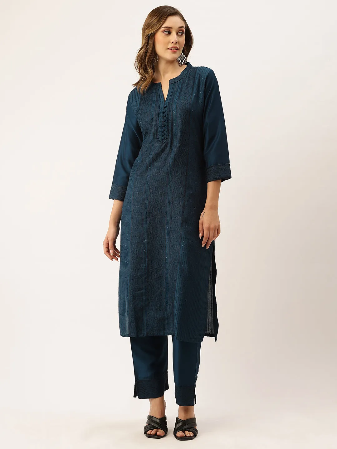 Mandarin Collar Chanderi Silk Fabric All Over Chikankari Embroidery With Sequin Work Teal Kurta Set For Women - ZOLA