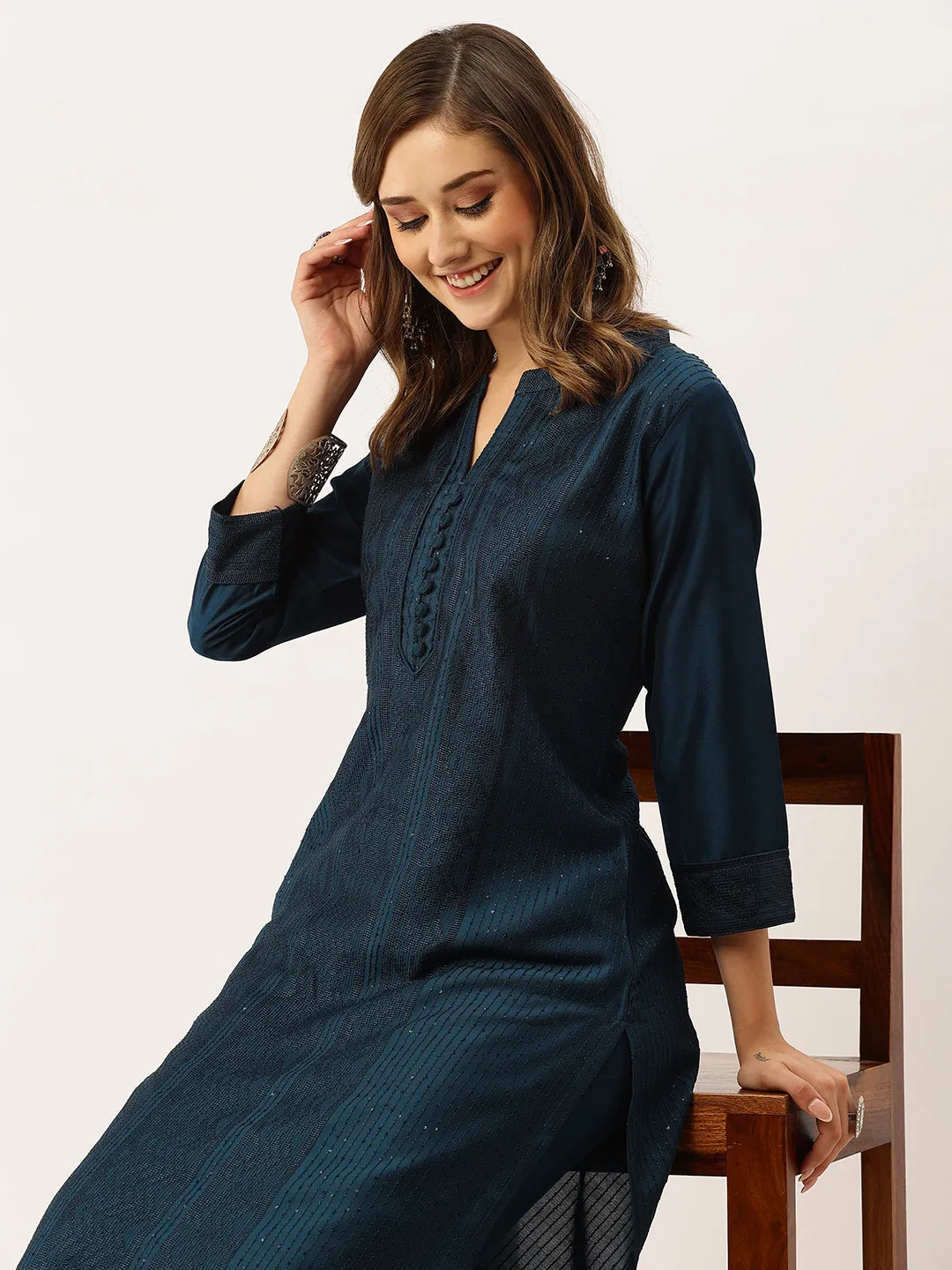 Mandarin Collar Chanderi Silk Fabric All Over Chikankari Embroidery With Sequin Work Teal Kurta Set For Women - ZOLA
