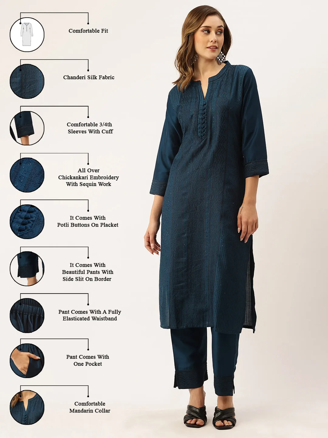 Mandarin Collar Chanderi Silk Fabric All Over Chikankari Embroidery With Sequin Work Teal Kurta Set For Women - ZOLA