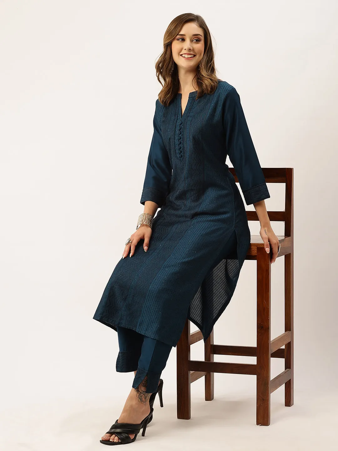 Mandarin Collar Chanderi Silk Fabric All Over Chikankari Embroidery With Sequin Work Teal Kurta Set For Women - ZOLA