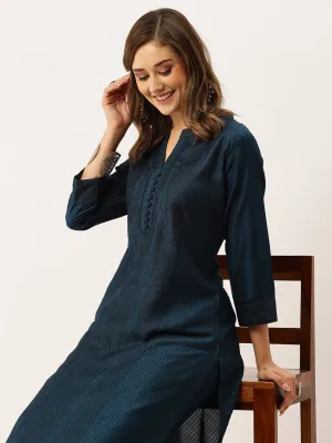 Mandarin Collar Chanderi Silk Fabric All Over Chikankari Embroidery With Sequin Work Teal Kurta Set For Women - ZOLA