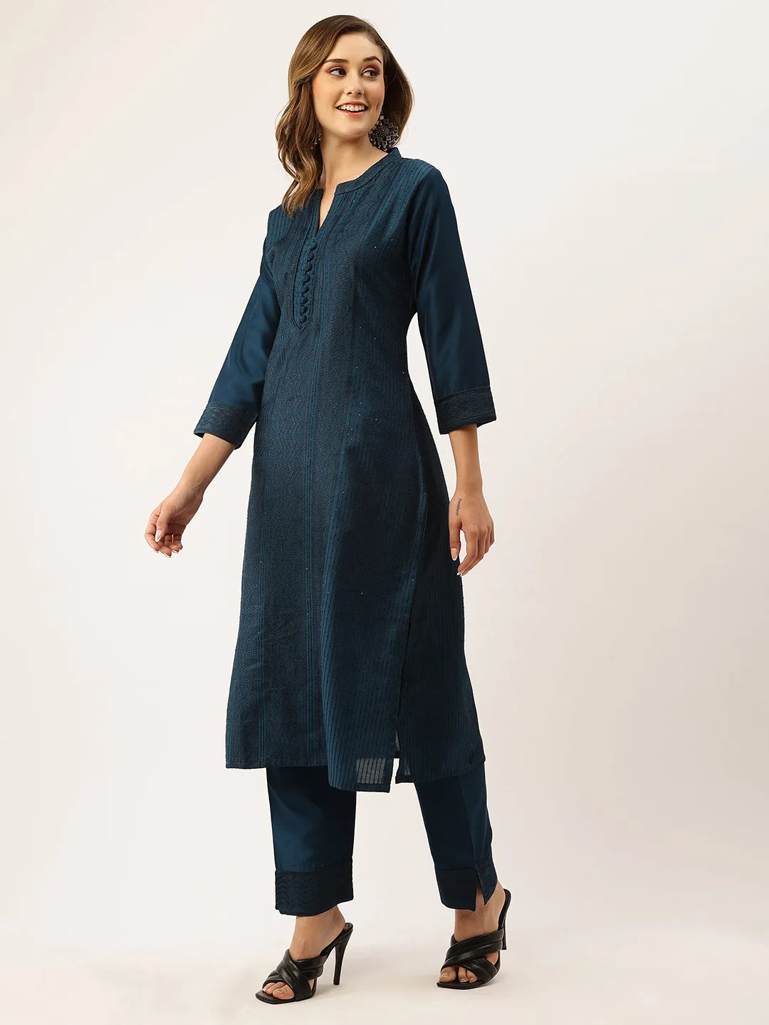 Mandarin Collar Chanderi Silk Fabric All Over Chikankari Embroidery With Sequin Work Teal Kurta Set For Women - ZOLA