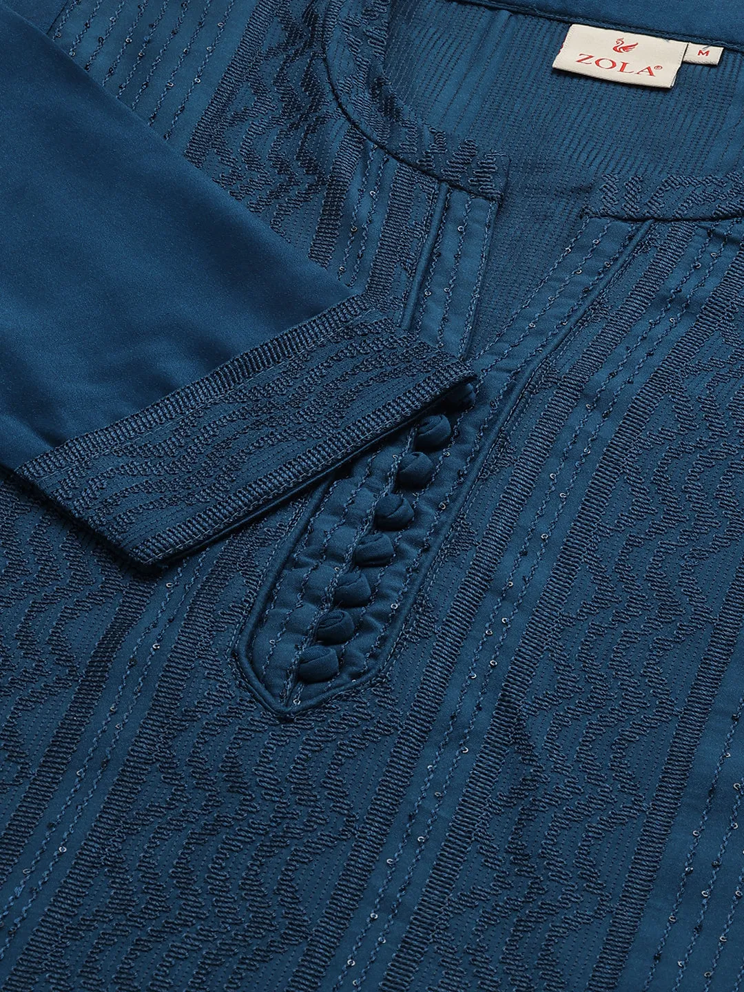 Mandarin Collar Chanderi Silk Fabric All Over Chikankari Embroidery With Sequin Work Teal Kurta Set For Women - ZOLA