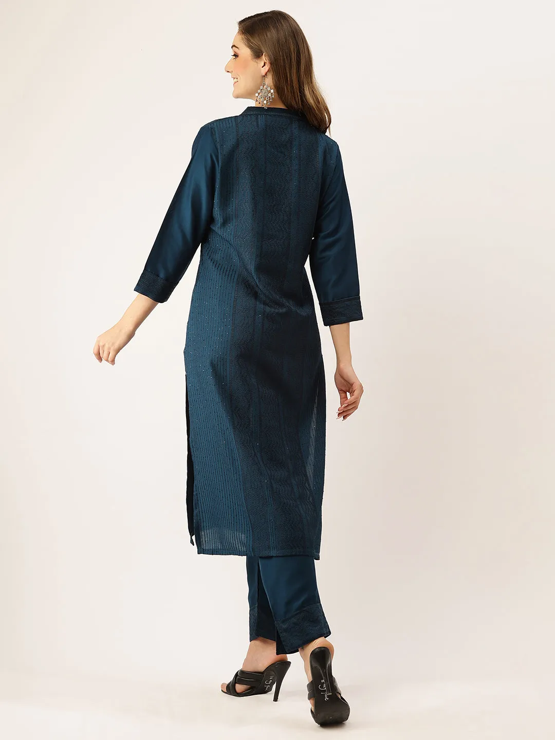 Mandarin Collar Chanderi Silk Fabric All Over Chikankari Embroidery With Sequin Work Teal Kurta Set For Women - ZOLA