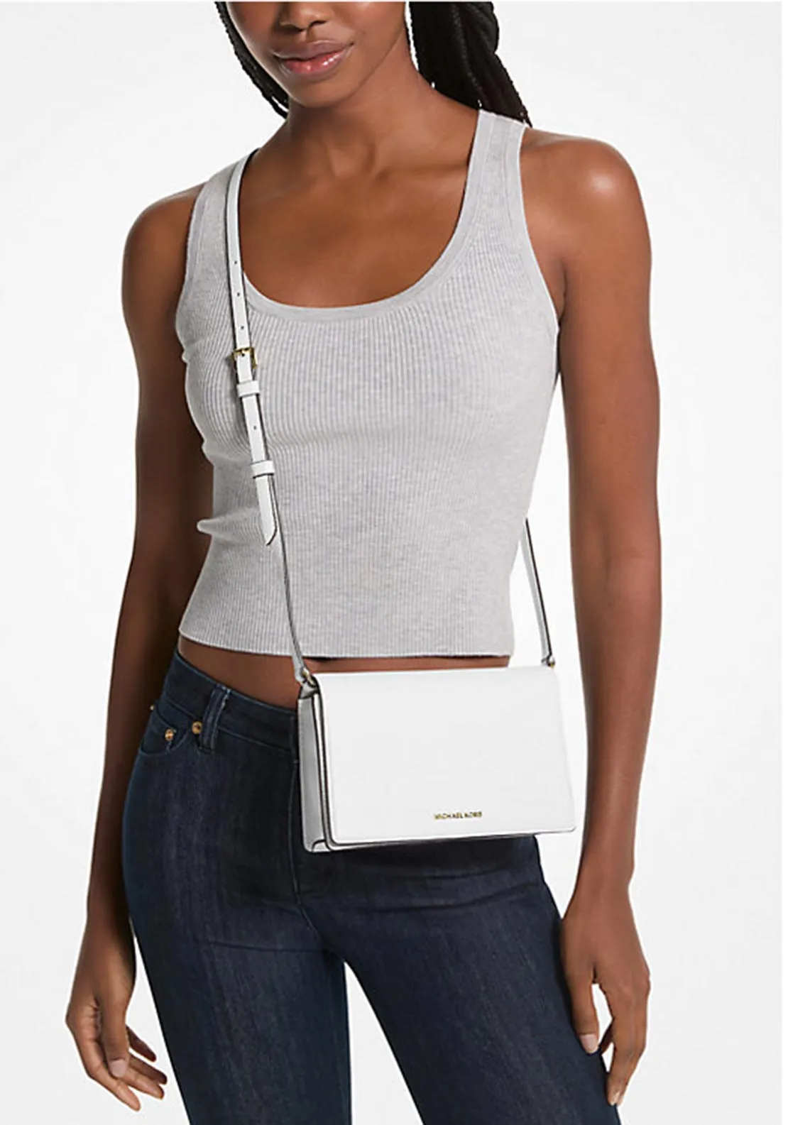 MICHAEL Michael Kors Bryant Pebbled Leather Convertible Pochette Crossbody Bag, Optic White