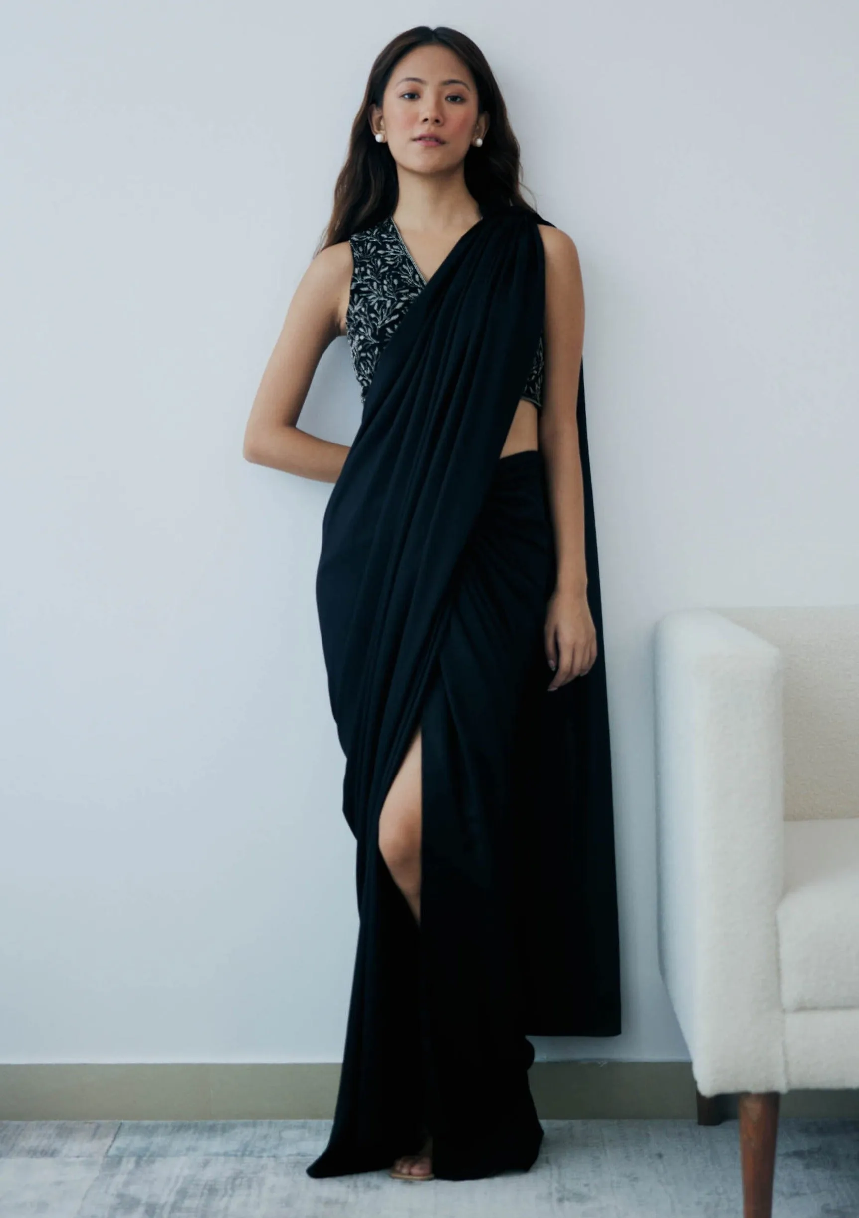 Midnight black knot drape sari and blouse