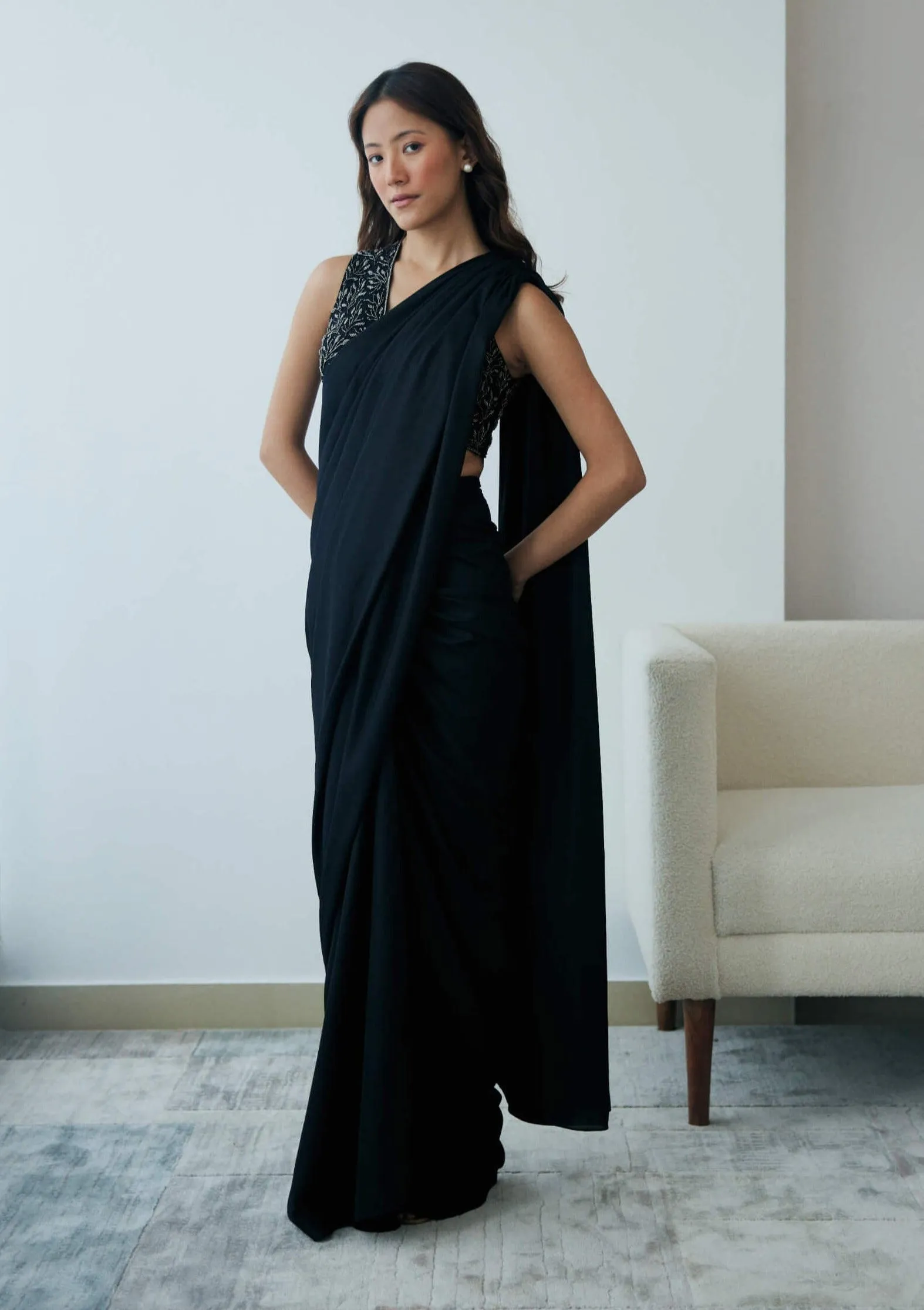 Midnight black knot drape sari and blouse