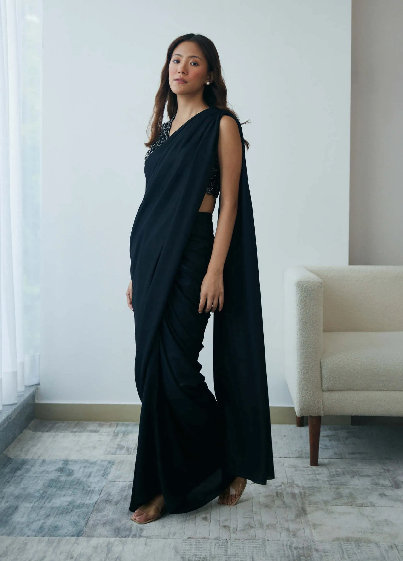 Midnight black knot drape sari and blouse