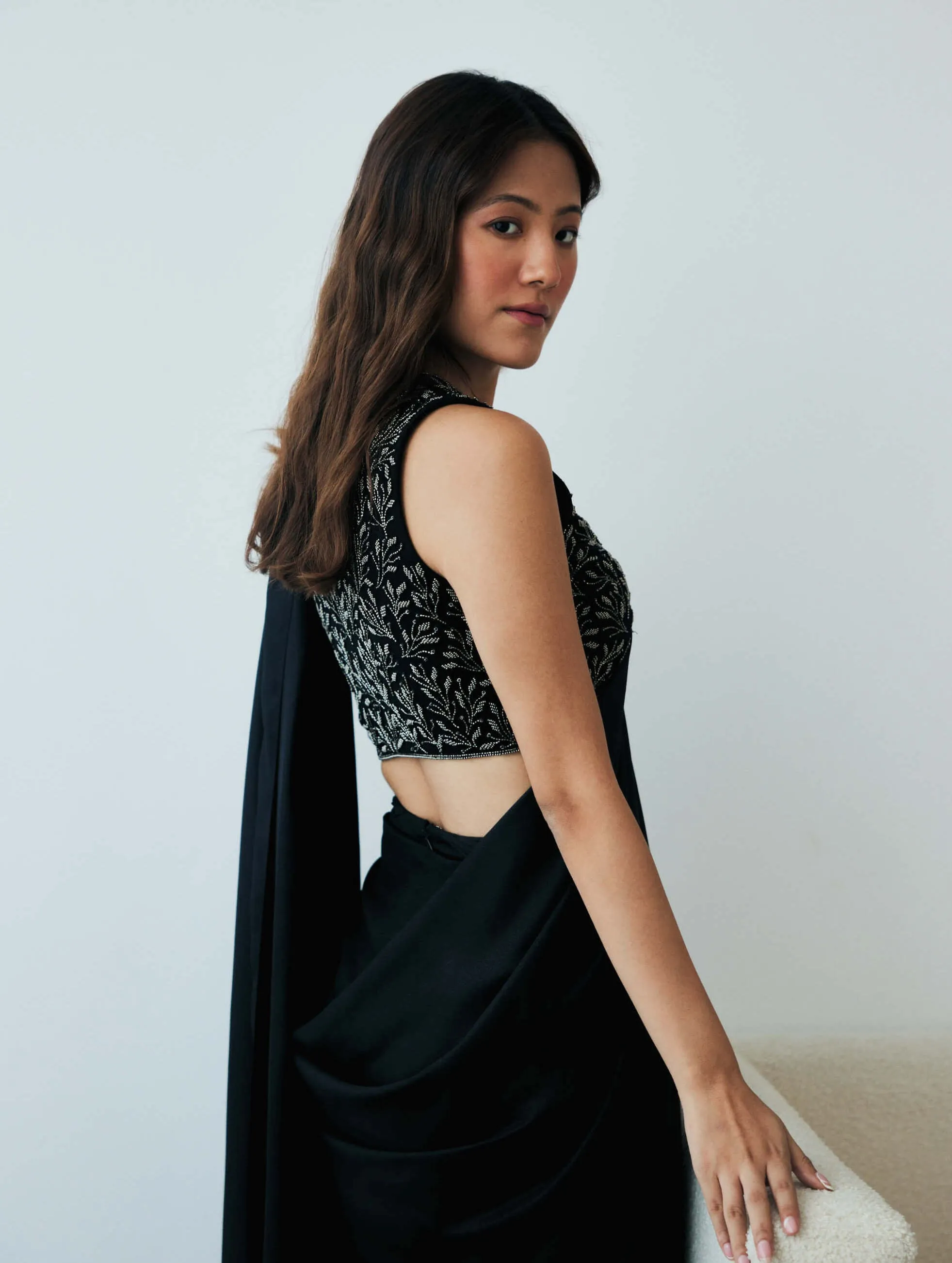 Midnight black knot drape sari and blouse