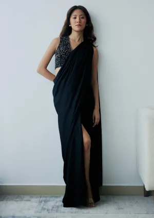 Midnight black knot drape sari and blouse