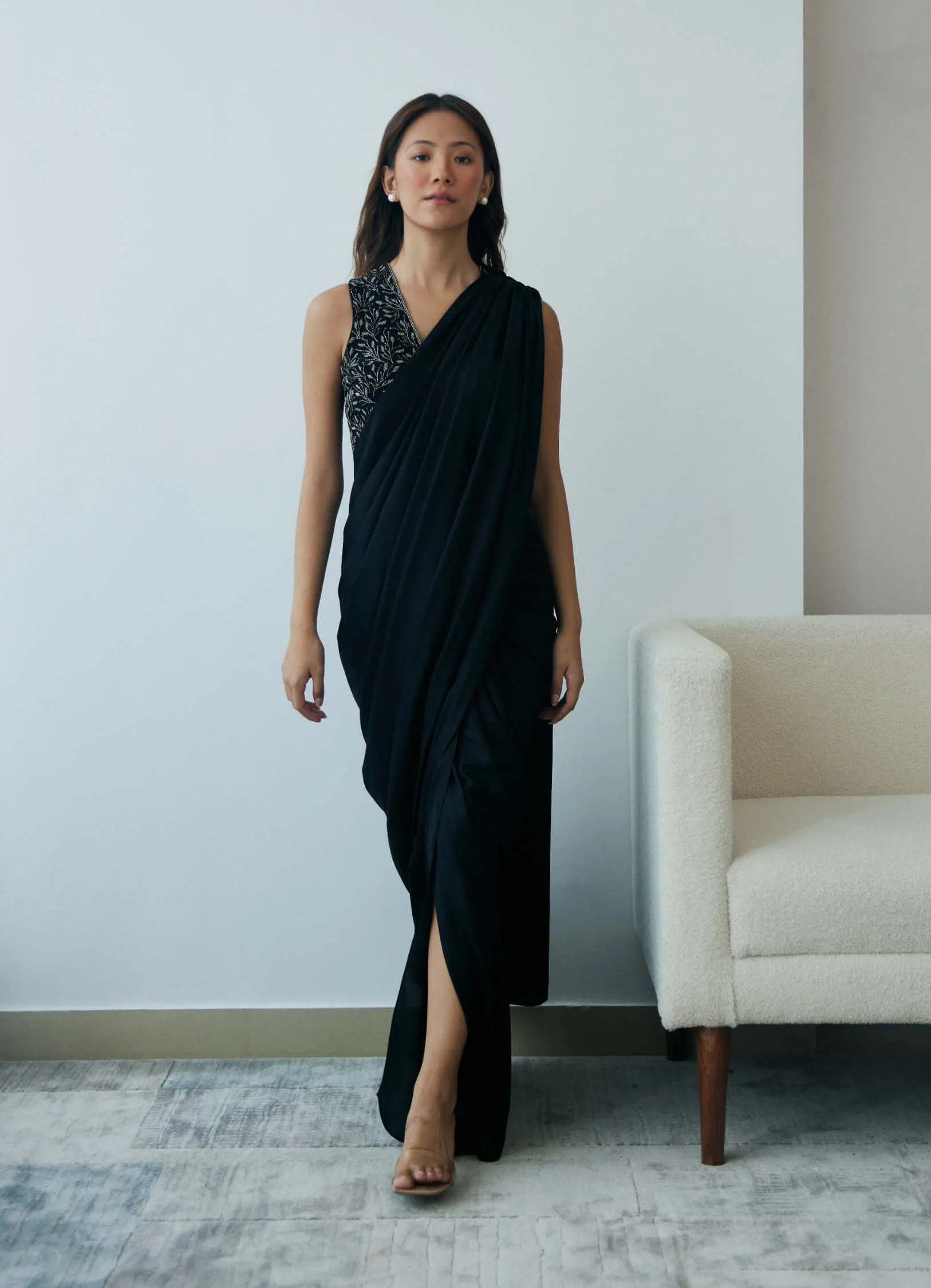 Midnight black knot drape sari and blouse
