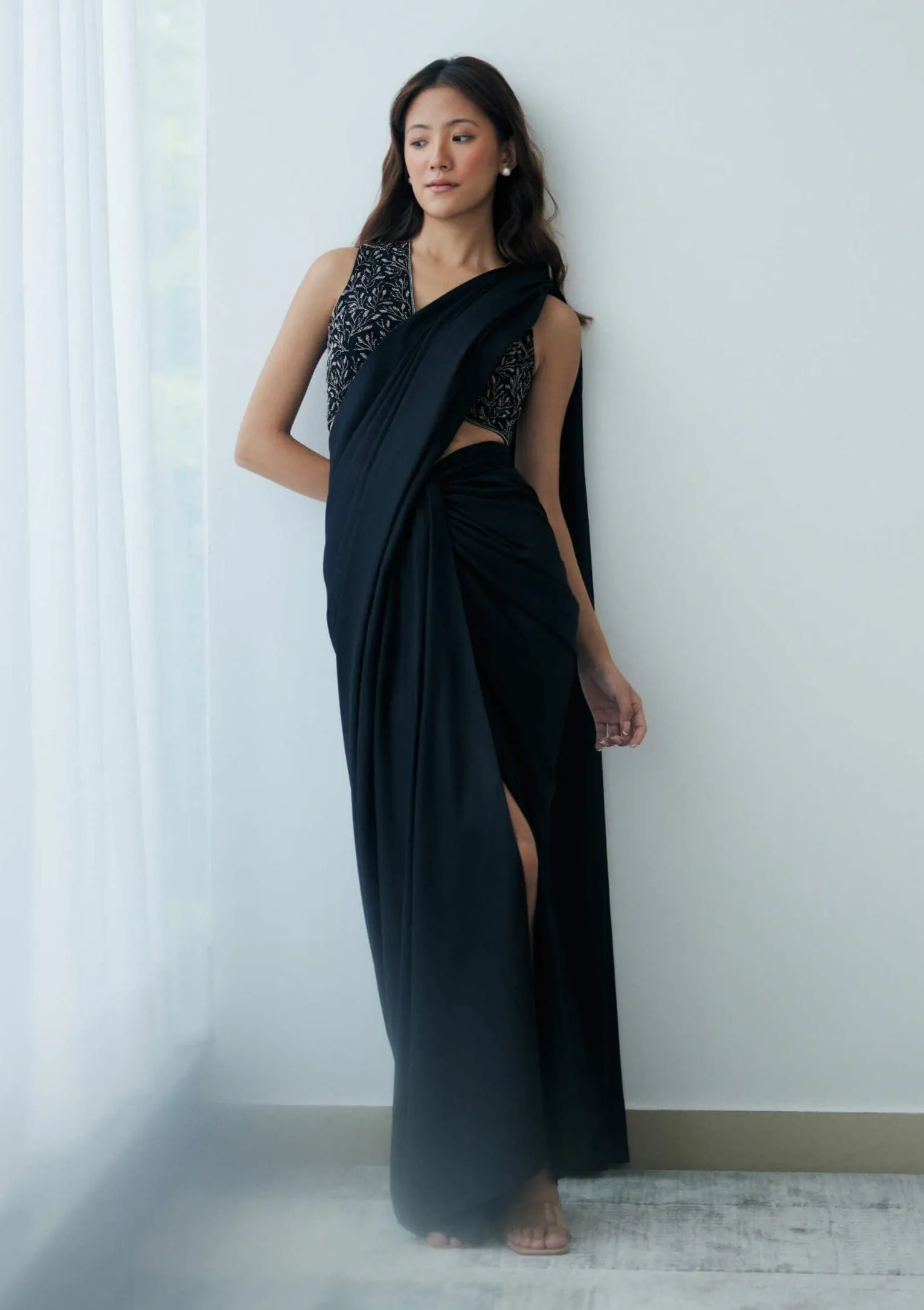 Midnight black knot drape sari and blouse