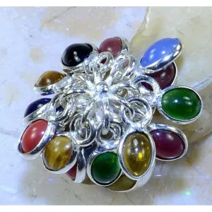 Multi-Colored Oval Gemstone Dangle Silver Plated Ring Size 7