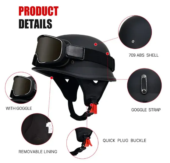 NEW DOT Approved Half Face Motorcycle Helmet with Goggles Skull Mask Gloves for Street Cruiser Moped Motocross Jet Style Adult Men, Black, Sz L, Includes Goggles & Skull Face Mask, Unisex