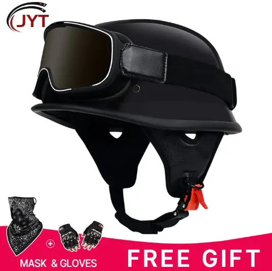 NEW DOT Approved Half Face Motorcycle Helmet with Goggles Skull Mask Gloves for Street Cruiser Moped Motocross Jet Style Adult Men, Black, Sz L, Includes Goggles & Skull Face Mask, Unisex