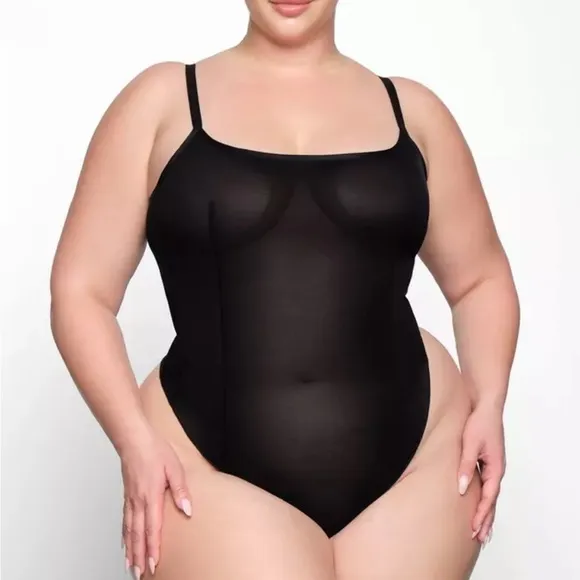 NEW SKIMS 3X Sheer Mesh Sculpt Thong Brown Bodysuit