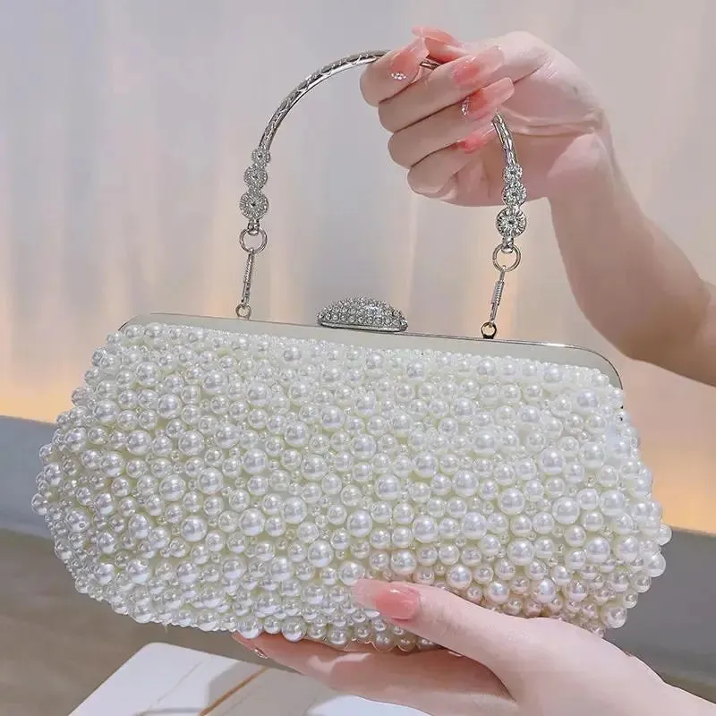 New Vintage Chain Metal Handle Pearl Weave Bag Pearl Clutch Evening Bag For Women