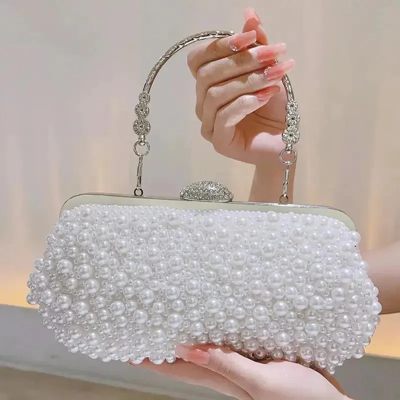 New Vintage Chain Metal Handle Pearl Weave Bag Pearl Clutch Evening Bag For Women