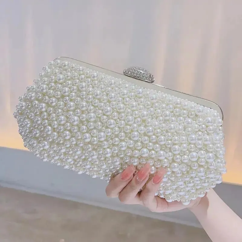 New Vintage Chain Metal Handle Pearl Weave Bag Pearl Clutch Evening Bag For Women