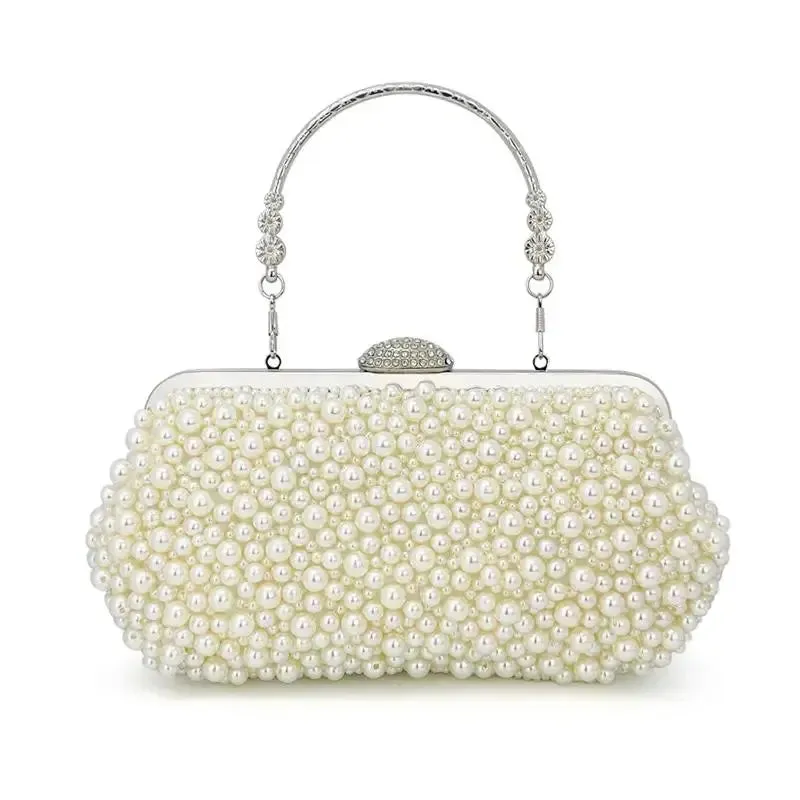 New Vintage Chain Metal Handle Pearl Weave Bag Pearl Clutch Evening Bag For Women