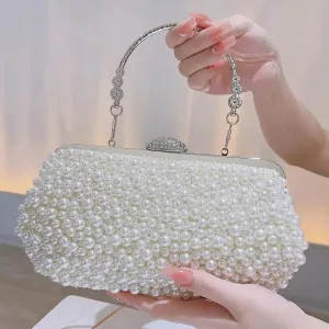 New Vintage Chain Metal Handle Pearl Weave Bag Pearl Clutch Evening Bag For Women