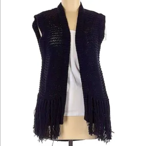 NWT DKNY Black Fringe Loose Knit Cardigan Sleeveless Sweater Sz M