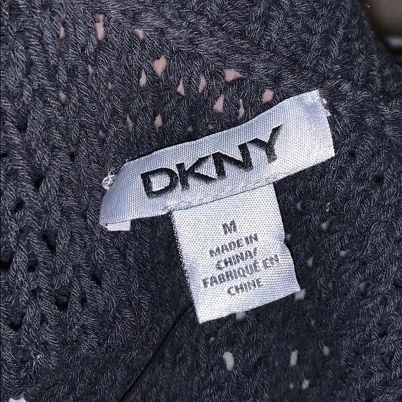 NWT DKNY Black Fringe Loose Knit Cardigan Sleeveless Sweater Sz M